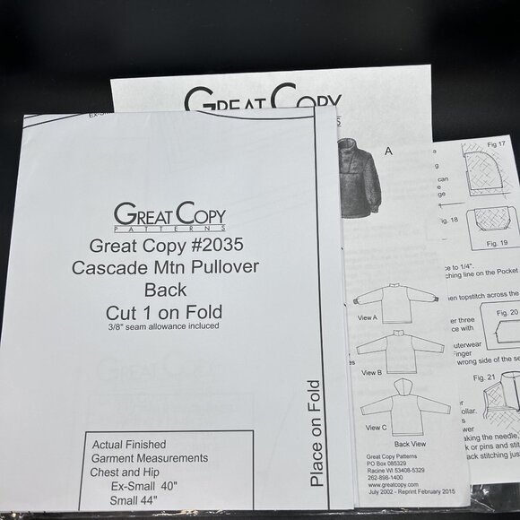 Great Copy Patterns 2035 “Cascade Mtn Pullover” (XS-XXL) Sewing Pattern Uncut FF - Picture 5 of 5